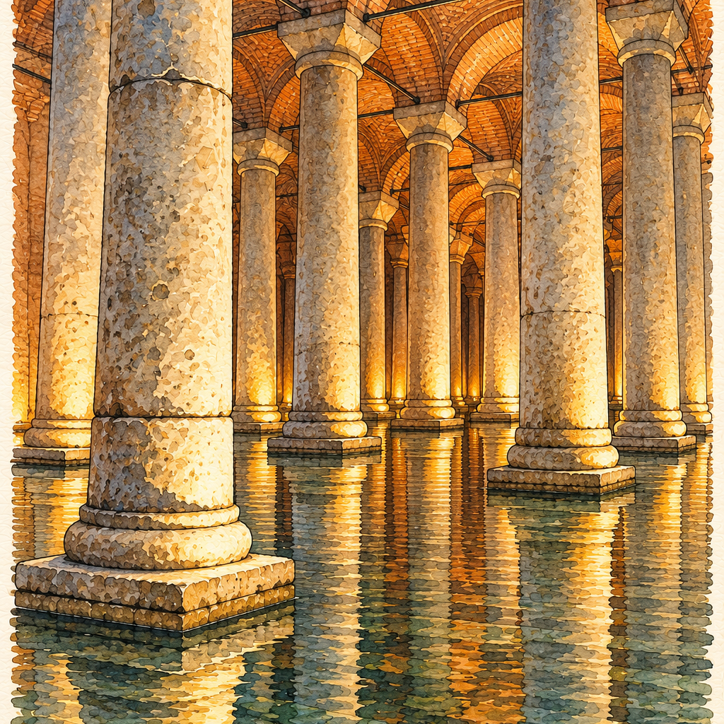 Ancient Columns in the Basilica Cistern, Istanbul vertical ink and watercolour artwork