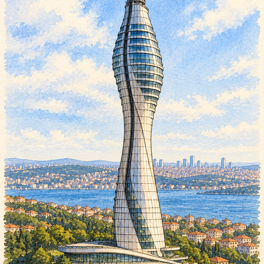 Çamlıca Tower above Istanbul Hills, Istanbul vertical ink and watercolour artwork