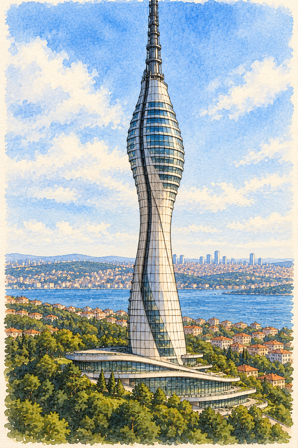 Çamlıca Tower above Istanbul Hills, Istanbul vertical ink and watercolour artwork