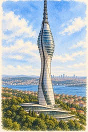 Çamlıca Tower above Istanbul Hills, Istanbul vertical ink and watercolour artwork