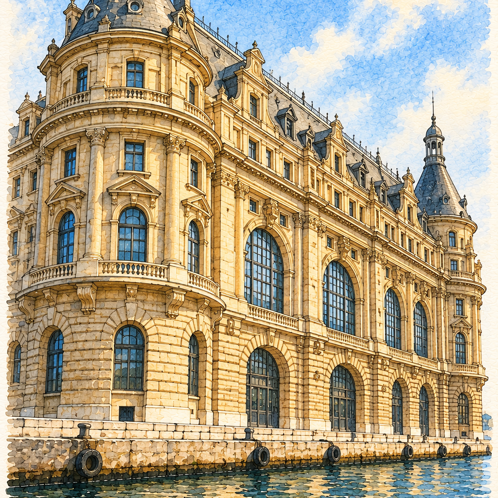 Haydarpaşa Terminal by the Water, Istanbul vertical ink and watercolour artwork