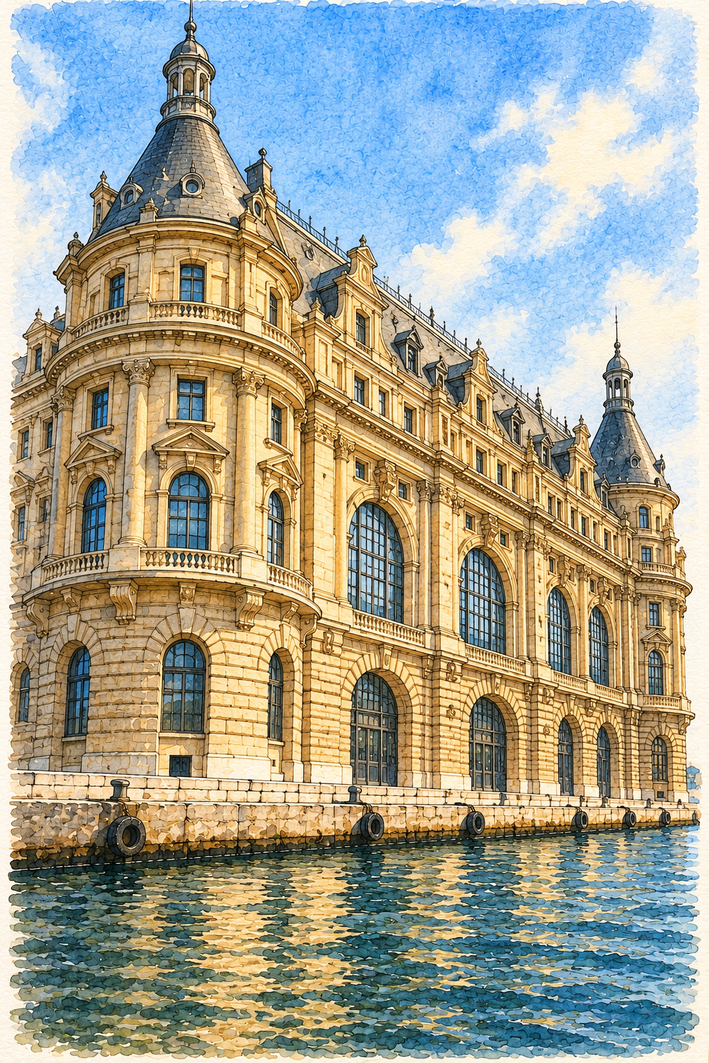 Haydarpaşa Terminal by the Water, Istanbul vertical ink and watercolour artwork