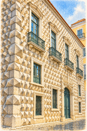 Casa dos Bicos in Watercolour, Lisbon vertical ink and watercolour artwork