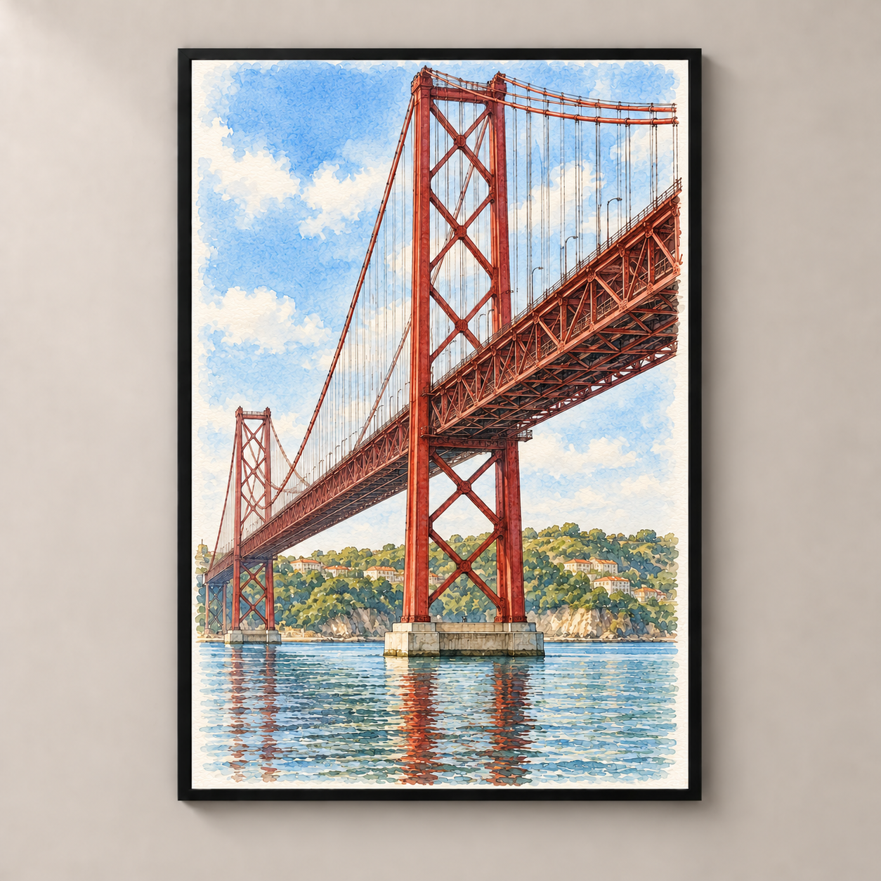 Ponte 25 de Abril over the Tagus – poster standalone mockup on beige wall