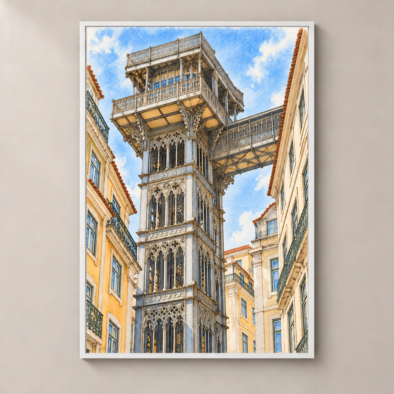 Santa Justa Lift between Lisbon Facades – poster standalone mockup on beige wall