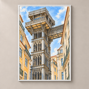 Santa Justa Lift between Lisbon Facades – poster standalone mockup on beige wall