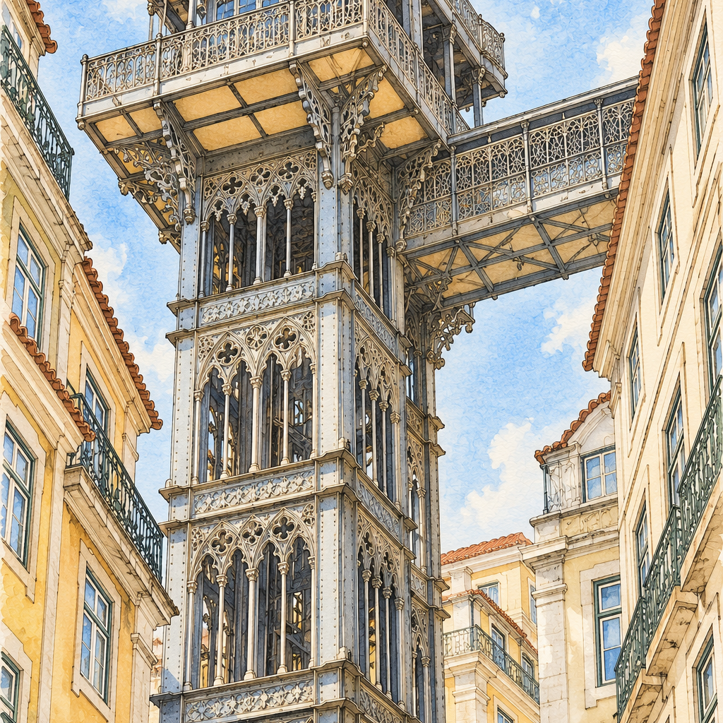 Santa Justa Lift between Lisbon Facades, Lisbon vertical ink and watercolour artwork