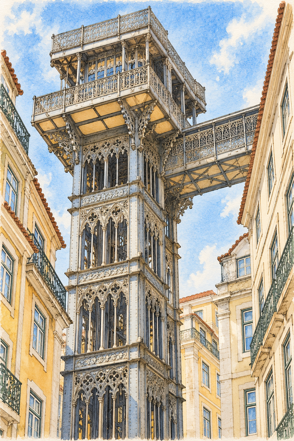 Santa Justa Lift between Lisbon Facades, Lisbon vertical ink and watercolour artwork