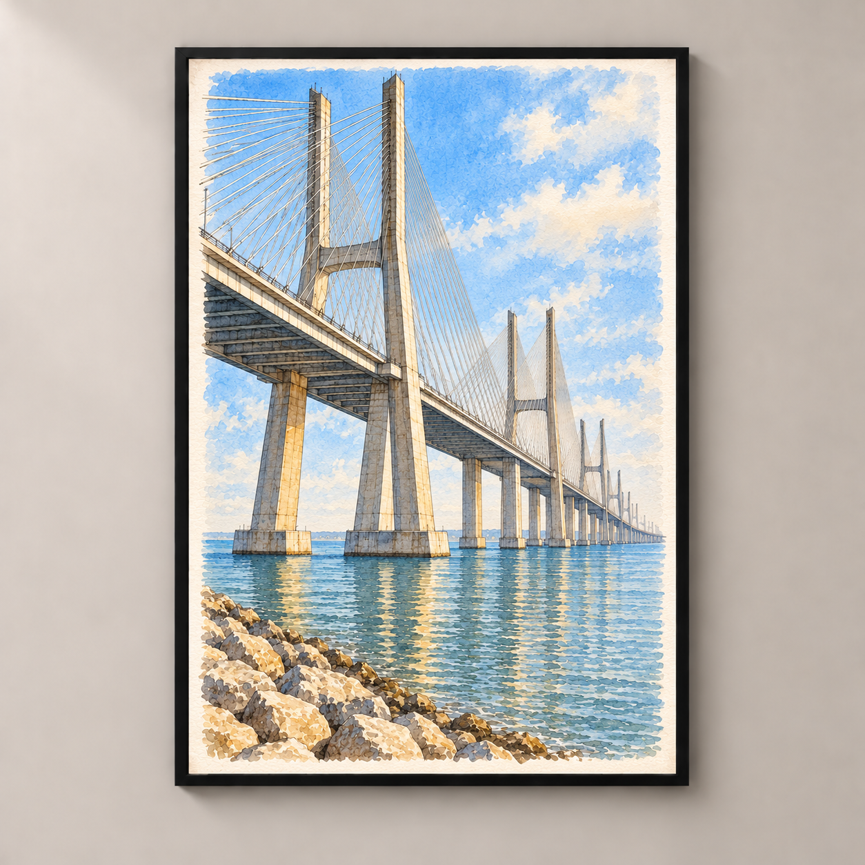 Vasco da Gama Bridge over the Tagus – poster standalone mockup on beige wall