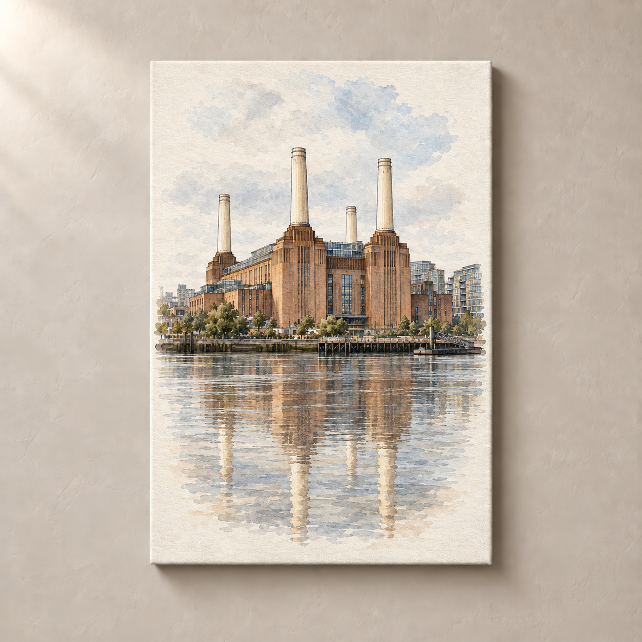 Battersea Power Station by the Thames – canvas standalone mockup on beige wall