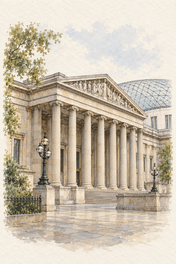 British Museum in Soft Watercolour, London vertical ink and watercolour artwork