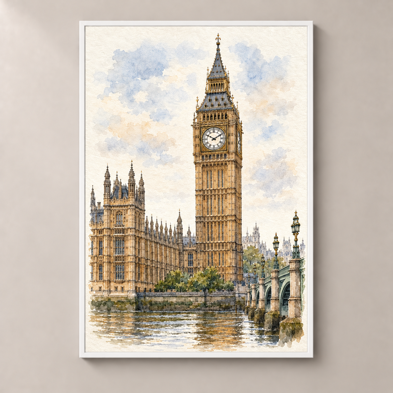 Elizabeth Tower in Soft Watercolour – poster standalone mockup on beige wall