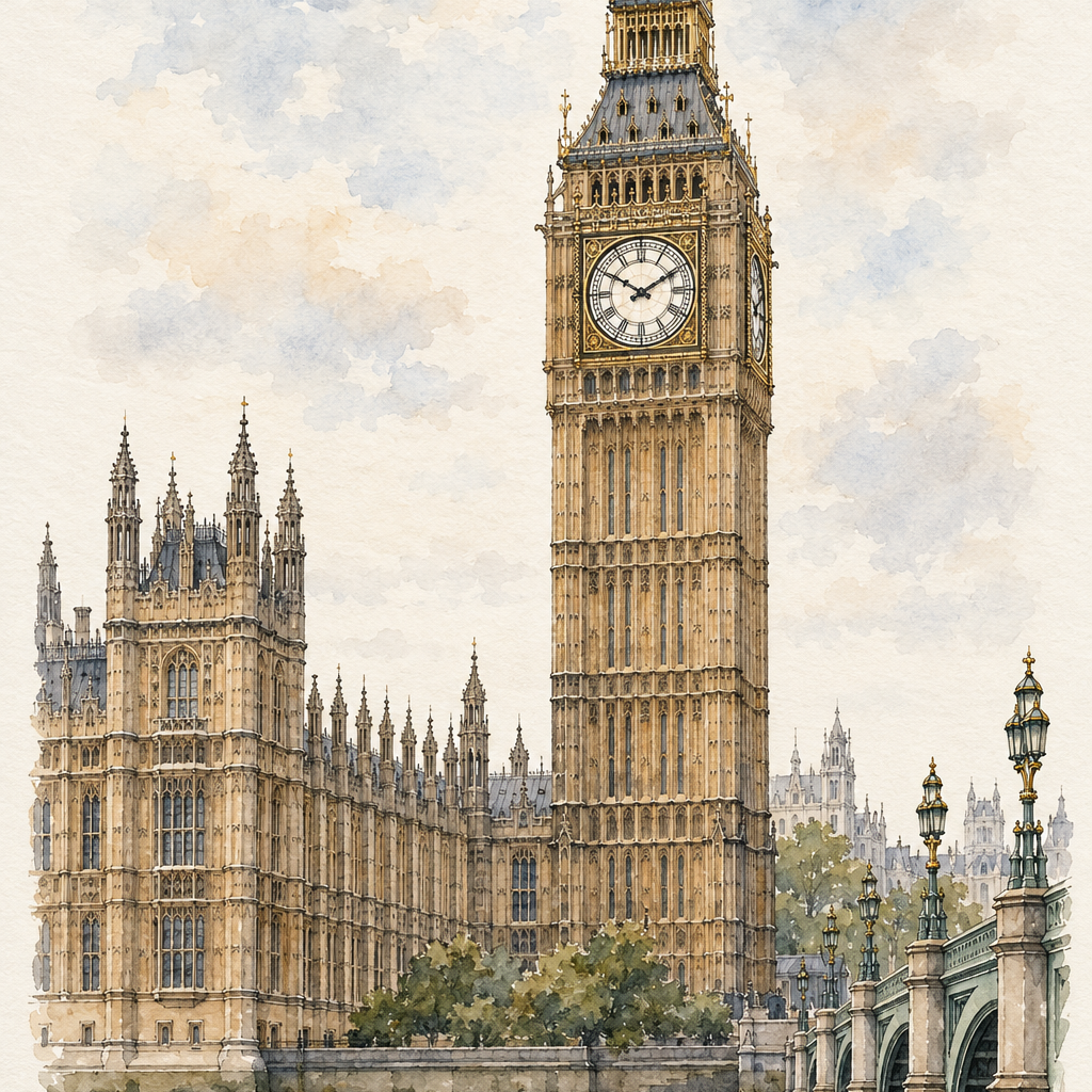 Elizabeth Tower in Soft Watercolour, London vertical ink and watercolour artwork