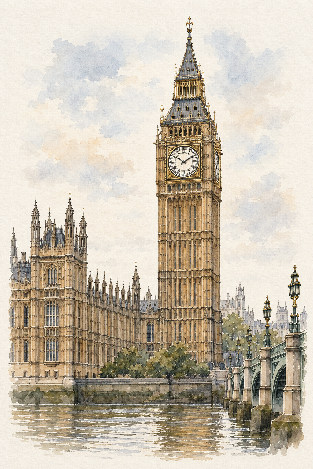 Elizabeth Tower in Soft Watercolour, London vertical ink and watercolour artwork