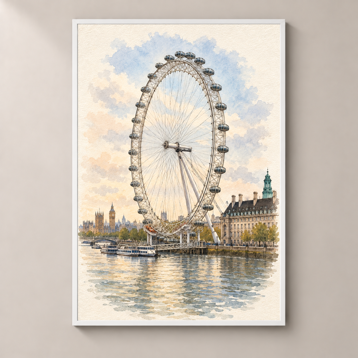 London Eye by the Thames – poster standalone mockup on beige wall