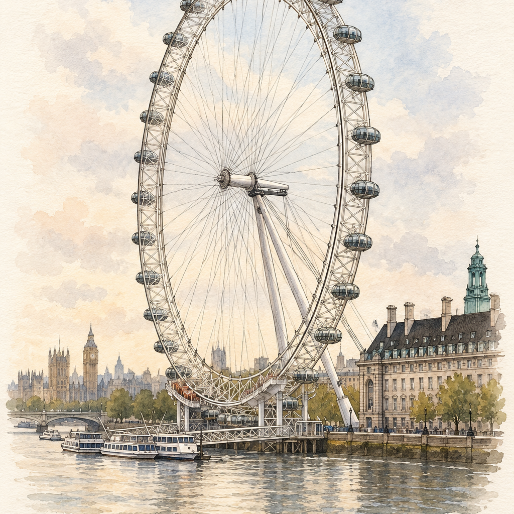 London Eye by the Thames, London vertical ink and watercolour artwork