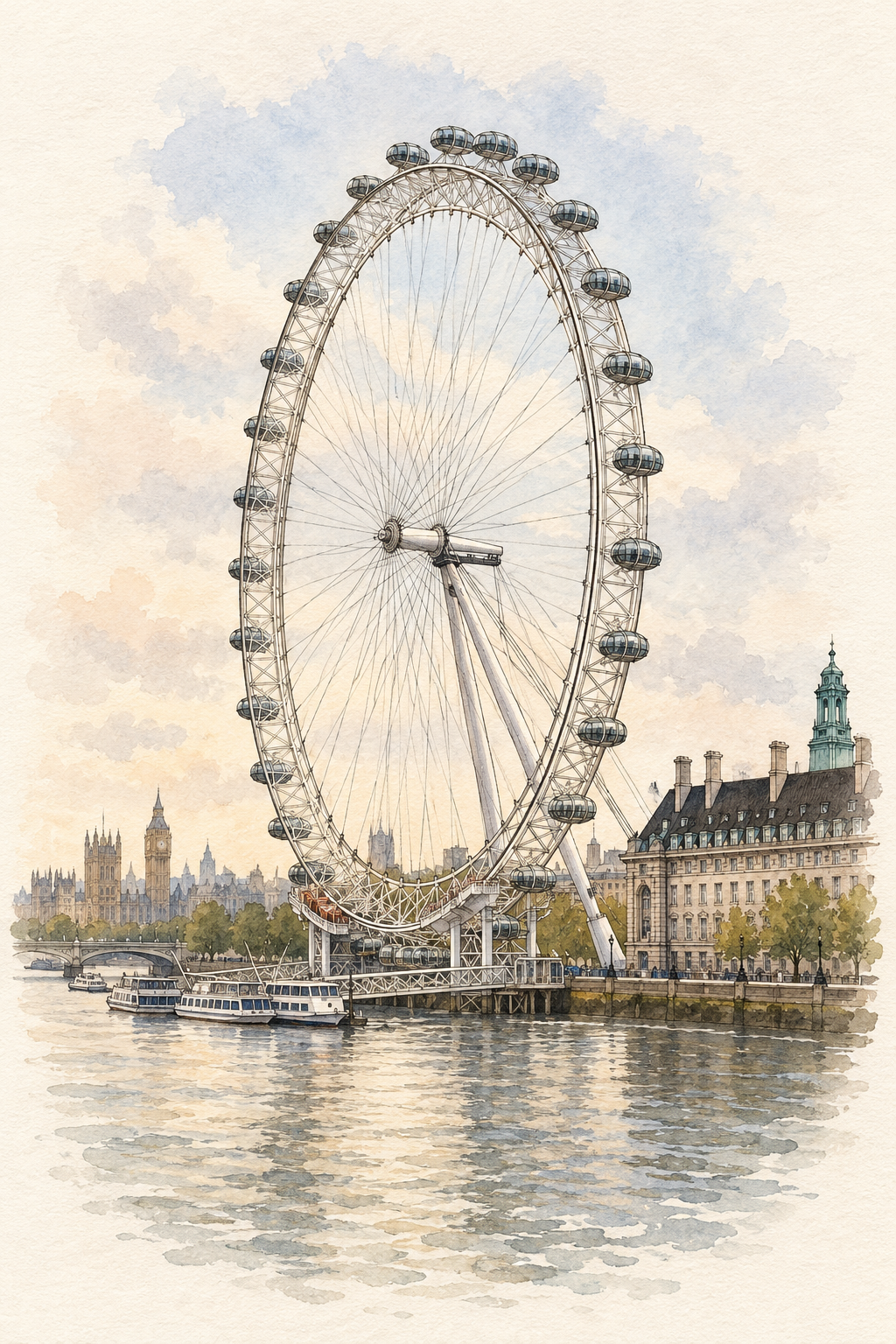 London Eye by the Thames, London vertical ink and watercolour artwork