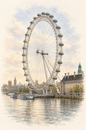 London Eye by the Thames, London vertical ink and watercolour artwork