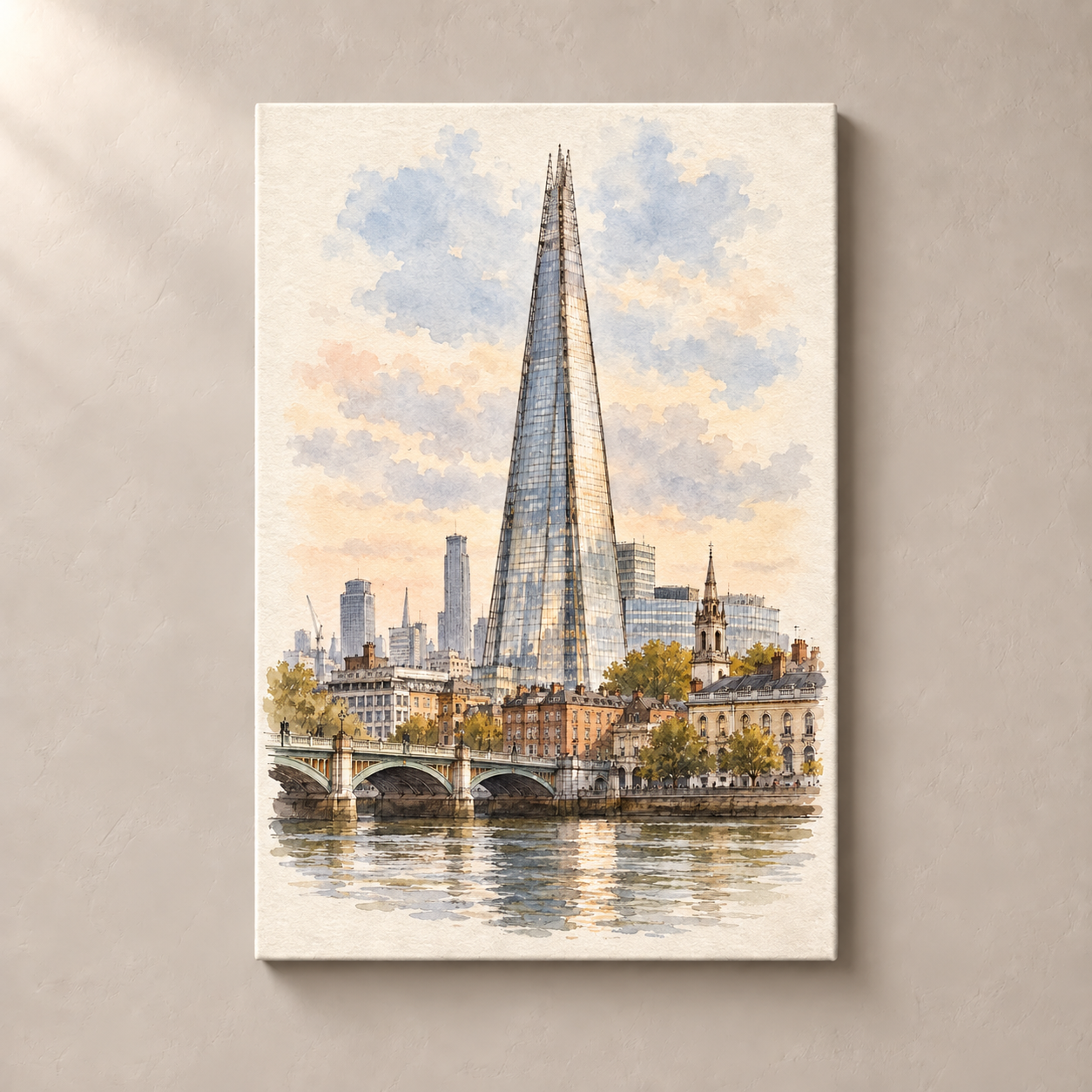 The Shard above London – canvas standalone mockup on beige wall