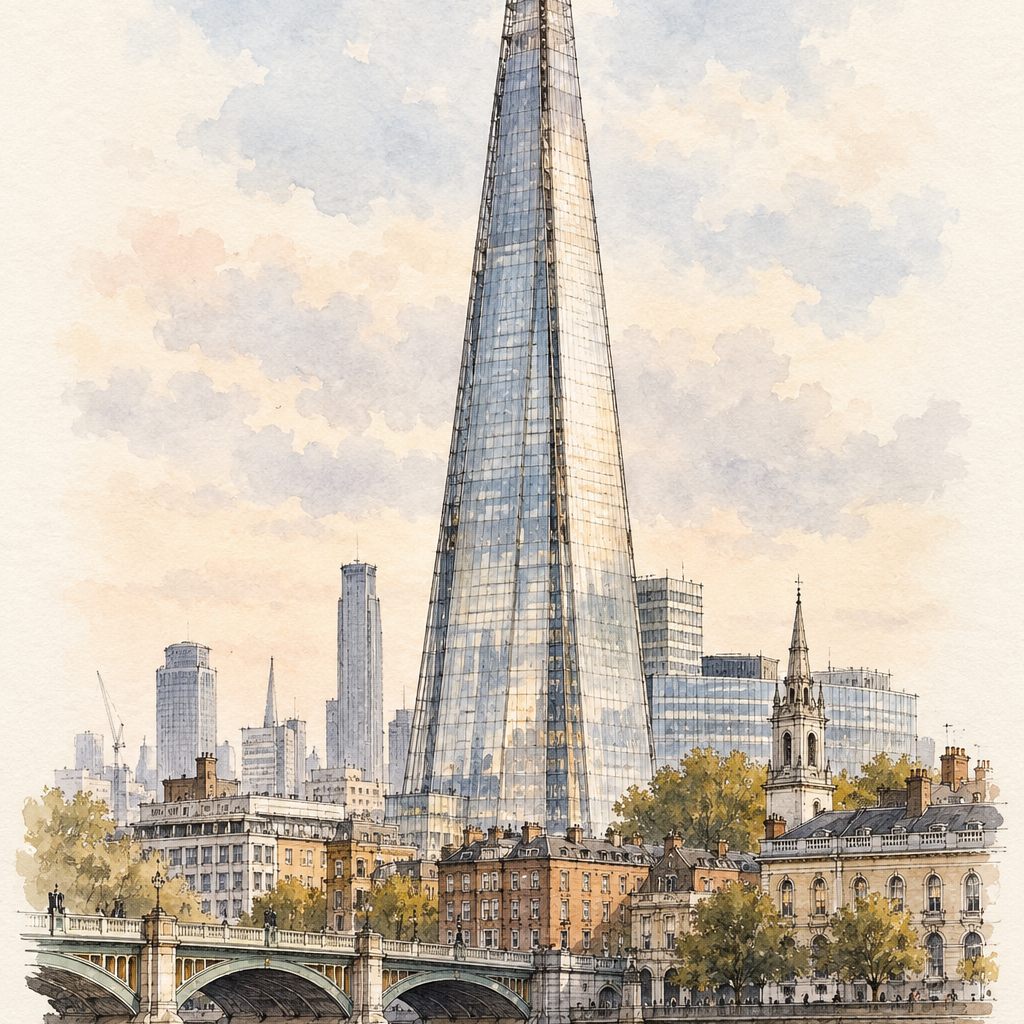 The Shard above London, London vertical ink and watercolour artwork