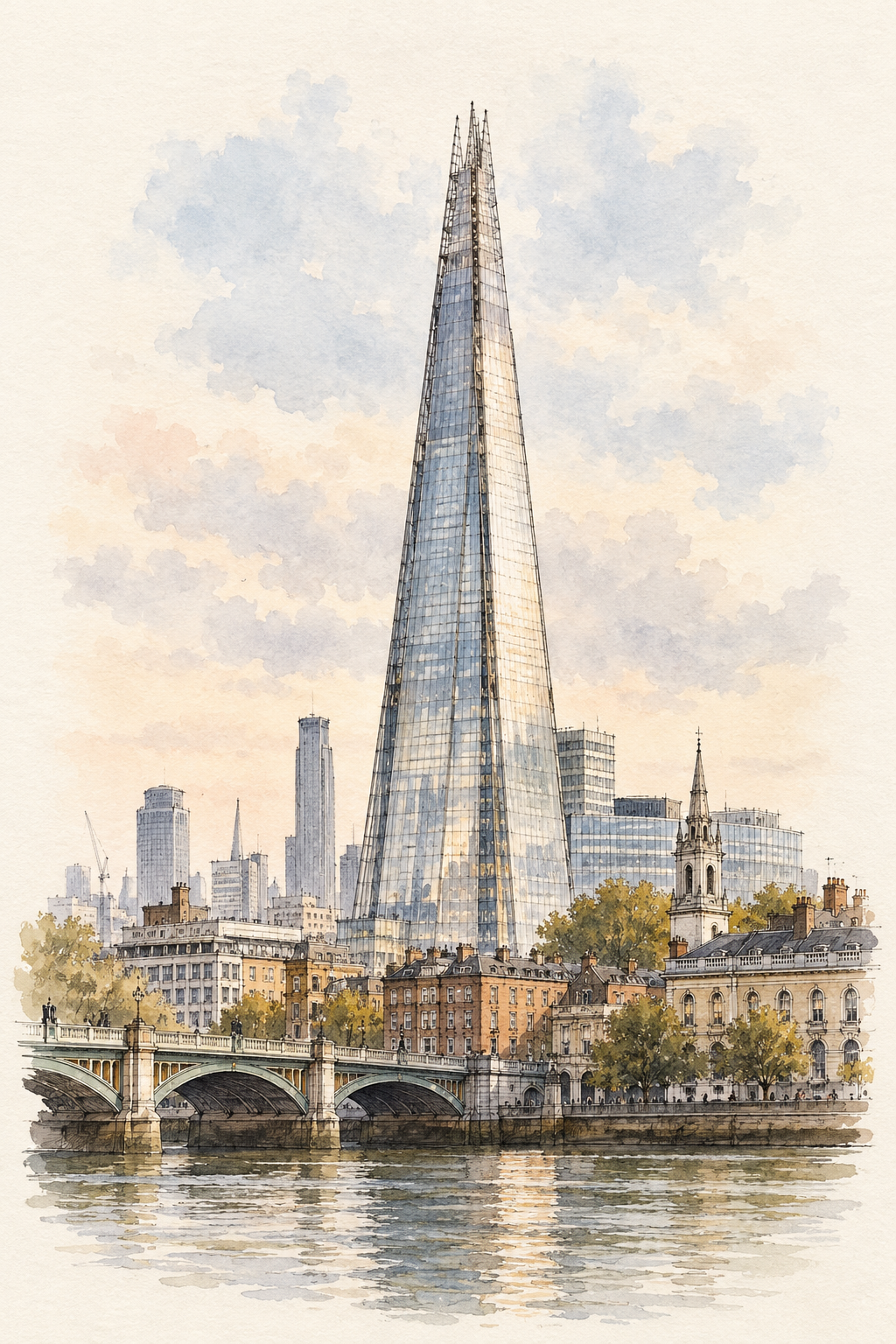 The Shard above London, London vertical ink and watercolour artwork