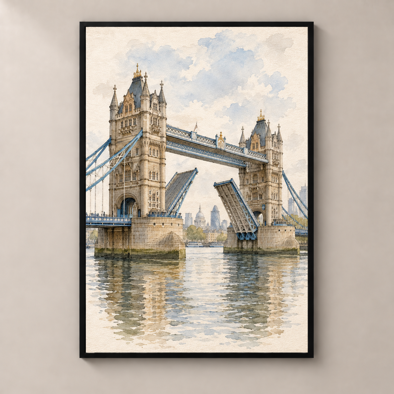 Tower Bridge over the Thames – poster standalone mockup on beige wall