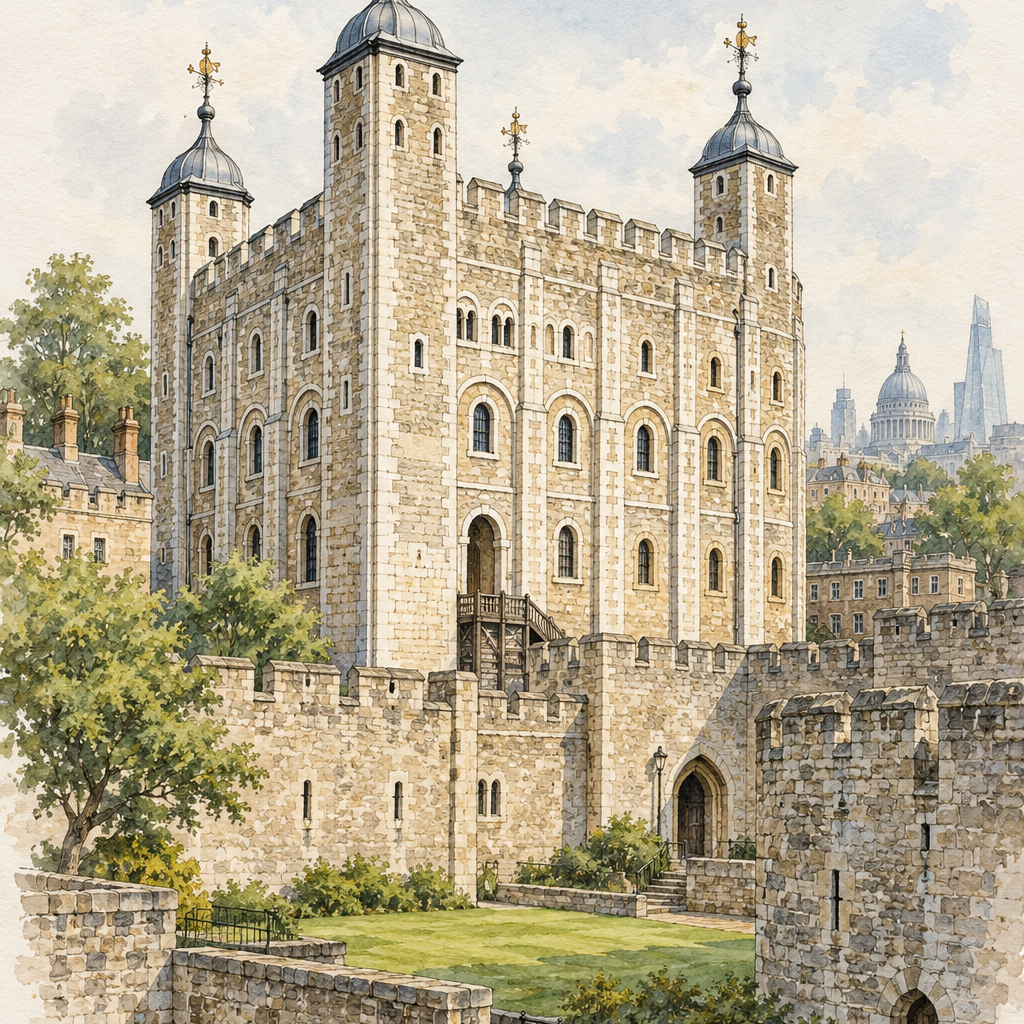 White Tower in Watercolour, London vertical ink and watercolour artwork
