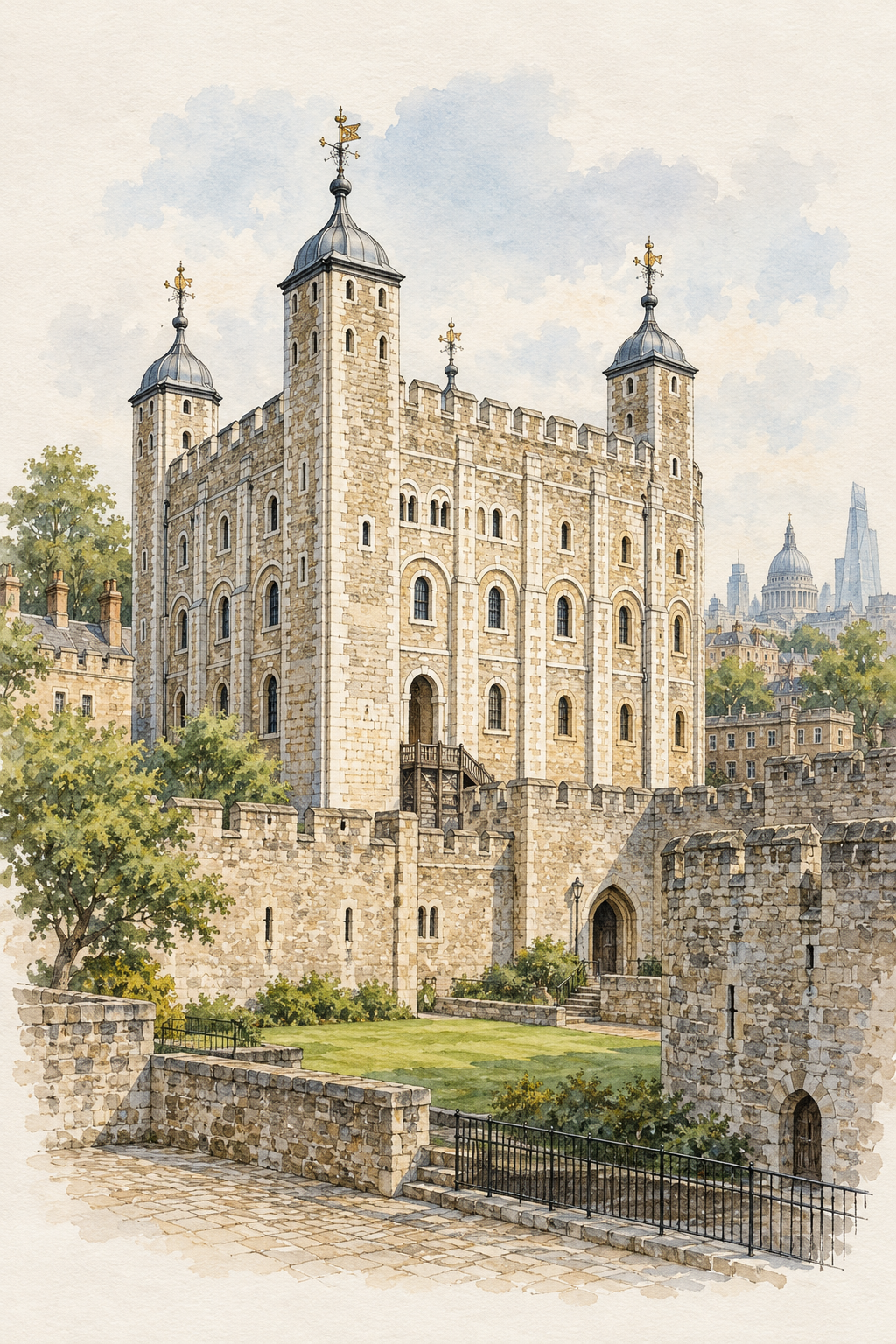 White Tower in Watercolour, London vertical ink and watercolour artwork
