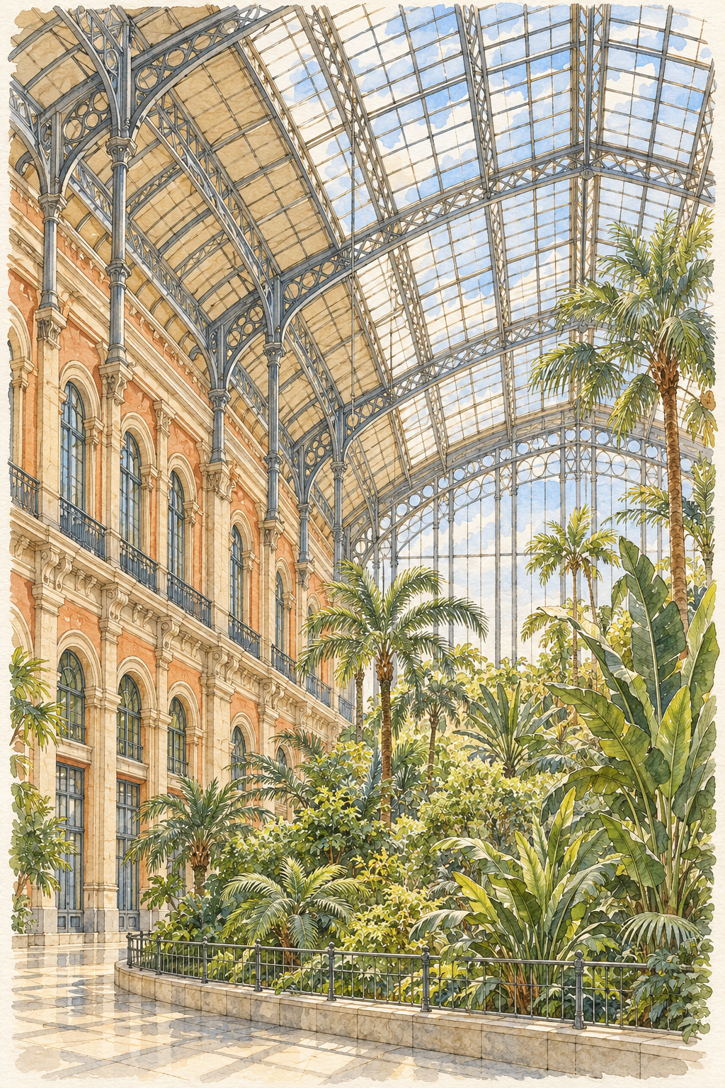 Atocha Tropical Garden in Watercolour, Madrid vertical ink and watercolour artwork
