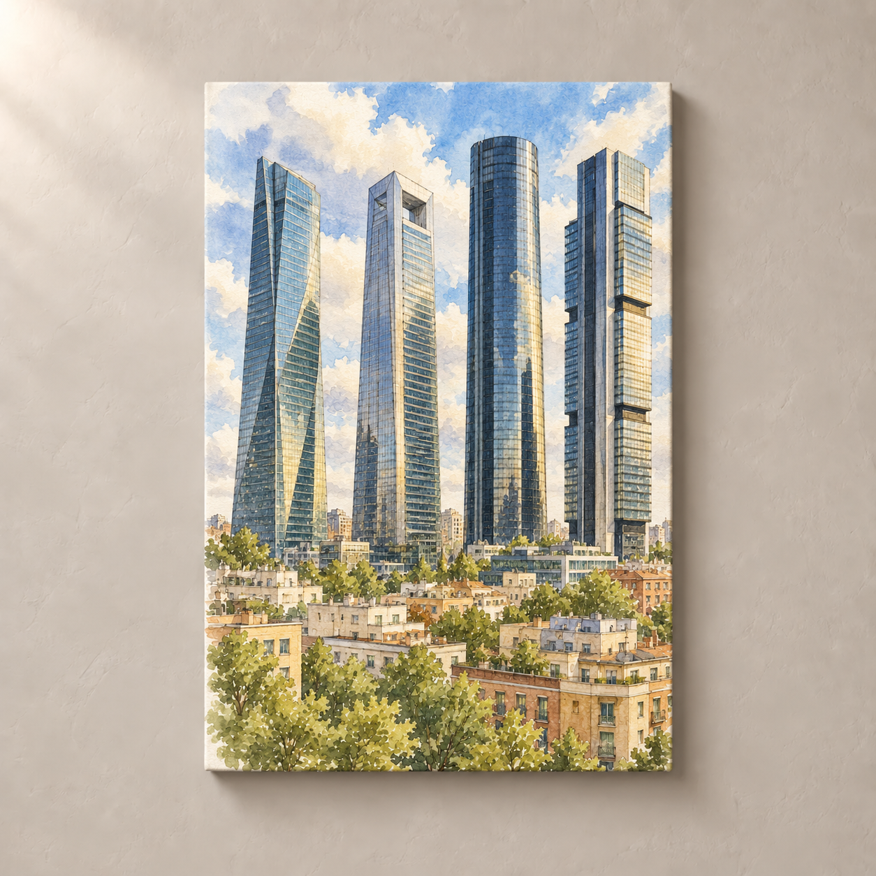 Cuatro Torres above Madrid – canvas standalone mockup on beige wall