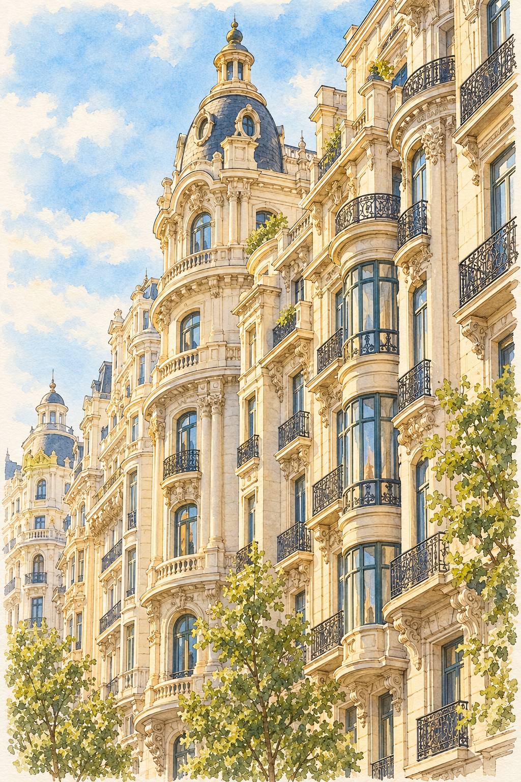 Gran Via in Warm Afternoon Light, Madrid vertical ink and watercolour artwork