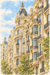 Gran Via in Warm Afternoon Light, Madrid vertical ink and watercolour artwork