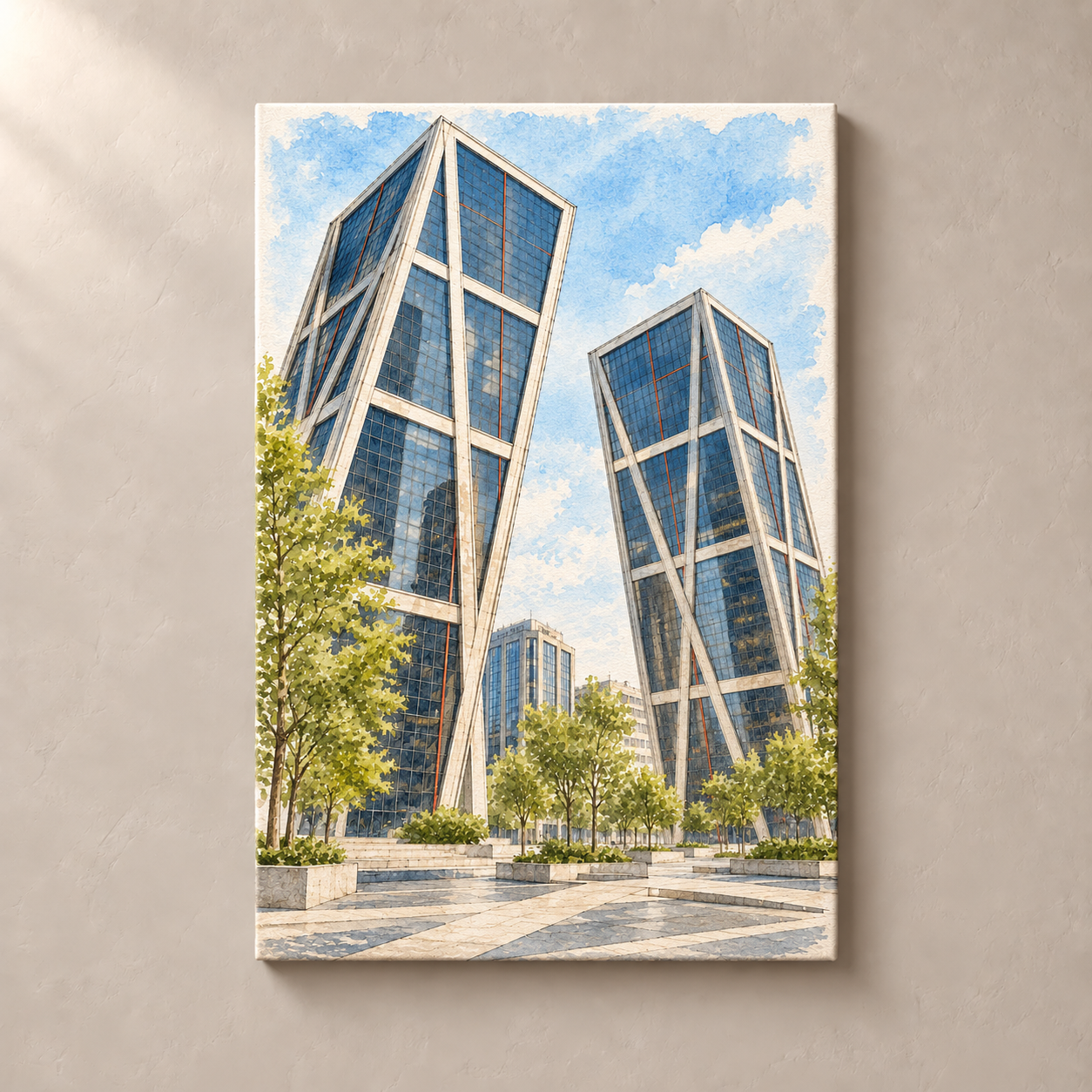 Madrid Leaning Glass Towers – canvas standalone mockup on beige wall