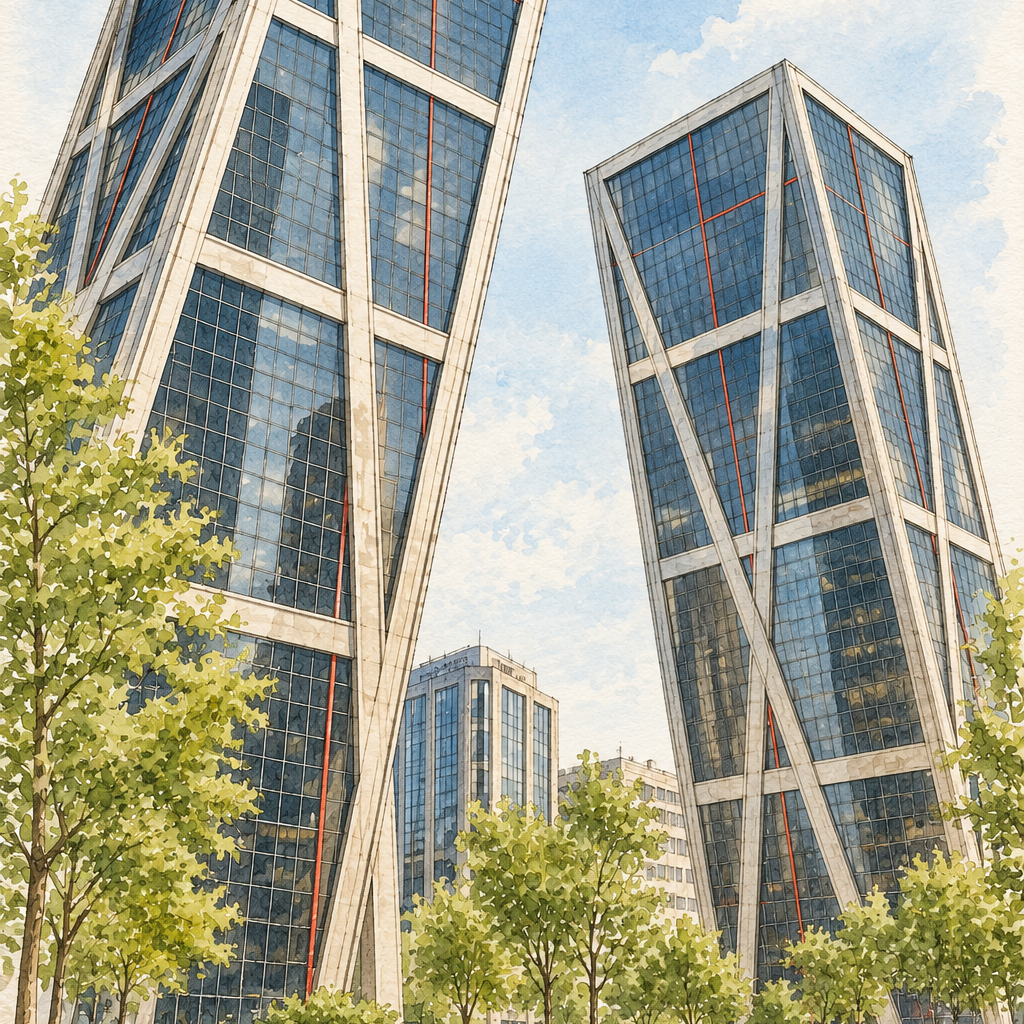 Madrid Leaning Glass Towers, Madrid vertical ink and watercolour artwork