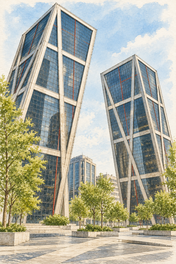 Madrid Leaning Glass Towers, Madrid vertical ink and watercolour artwork