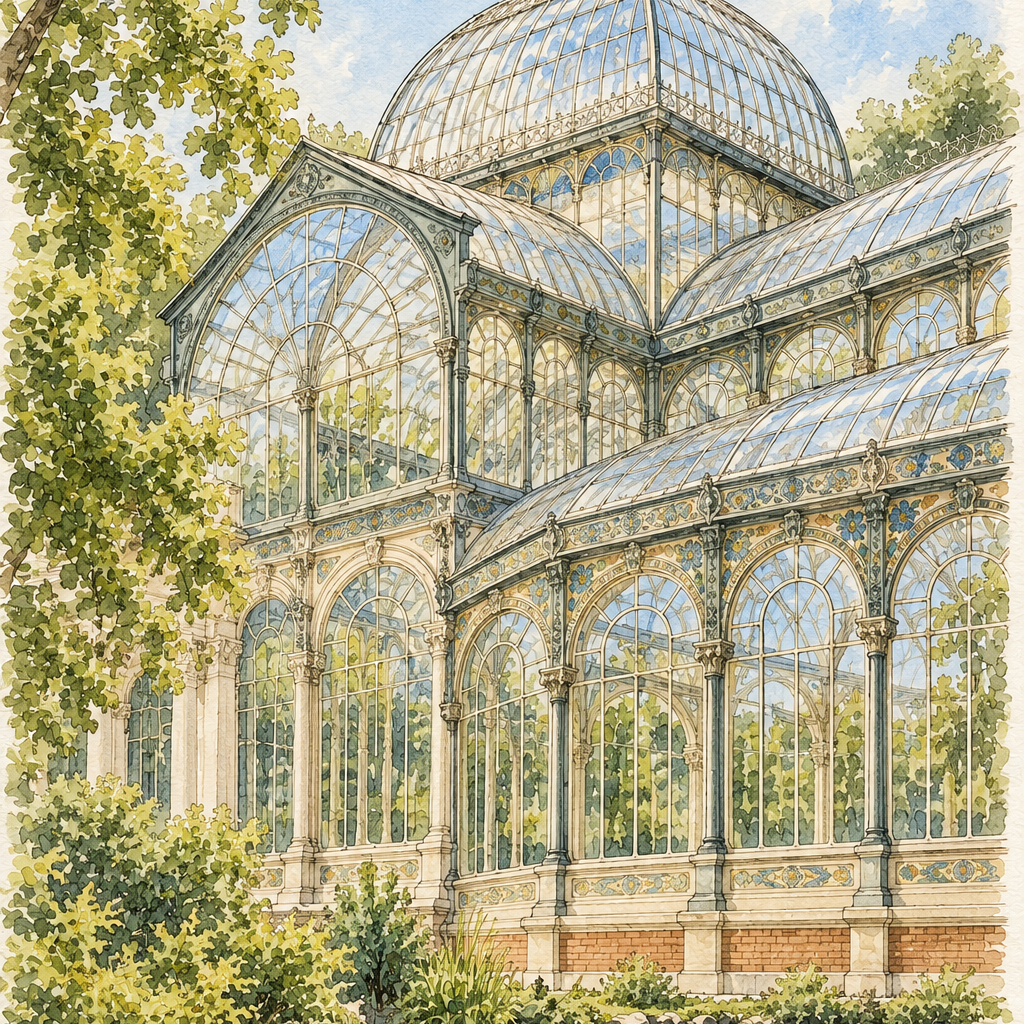 Palacio de Cristal in Retiro, Madrid vertical ink and watercolour artwork