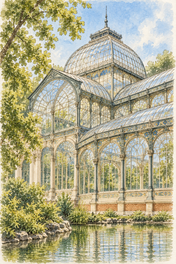 Palacio de Cristal in Retiro, Madrid vertical ink and watercolour artwork
