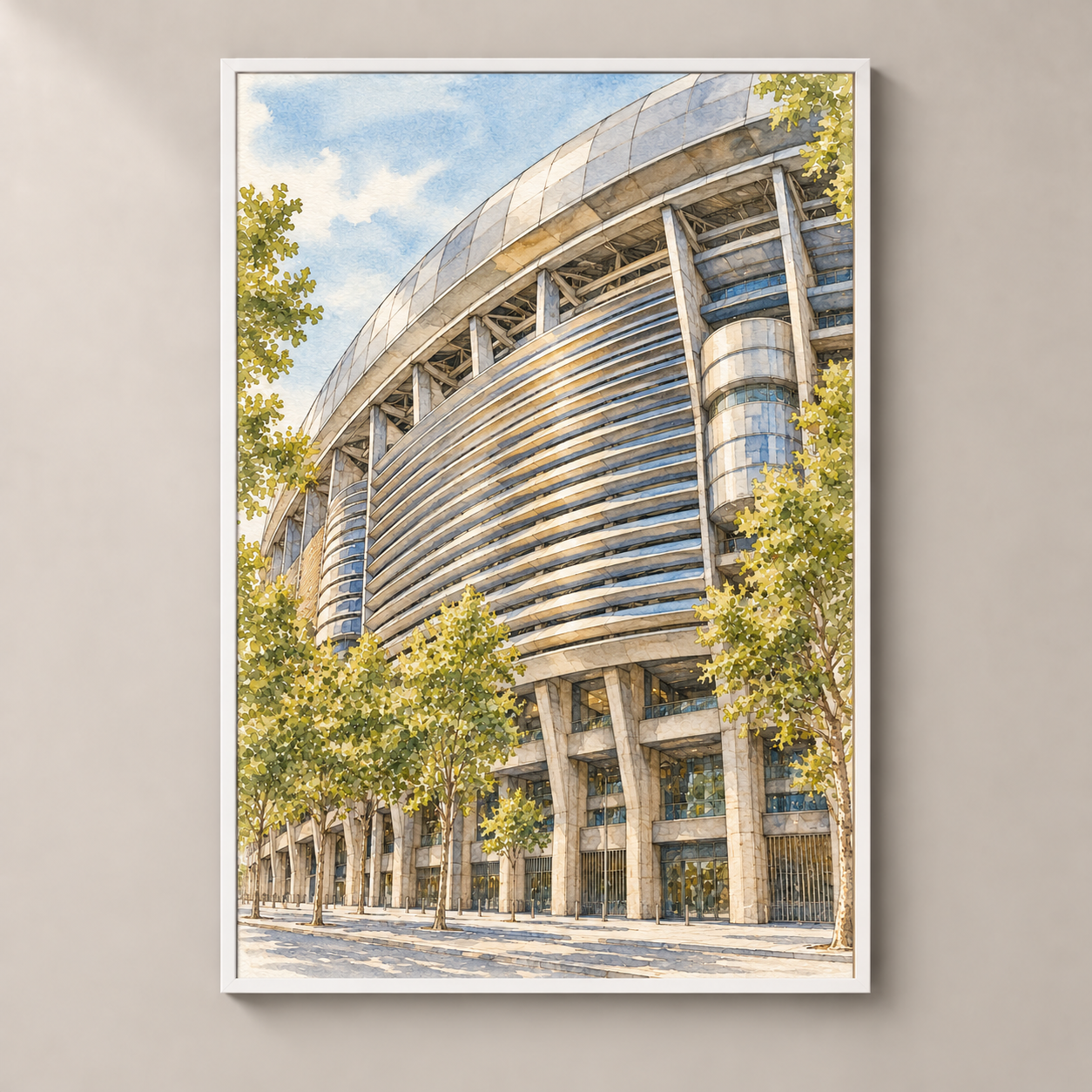Santiago Bernabeu in Watercolour – poster standalone mockup on beige wall