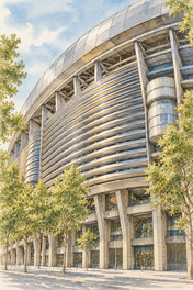 Santiago Bernabeu in Watercolour, Madrid vertical ink and watercolour artwork