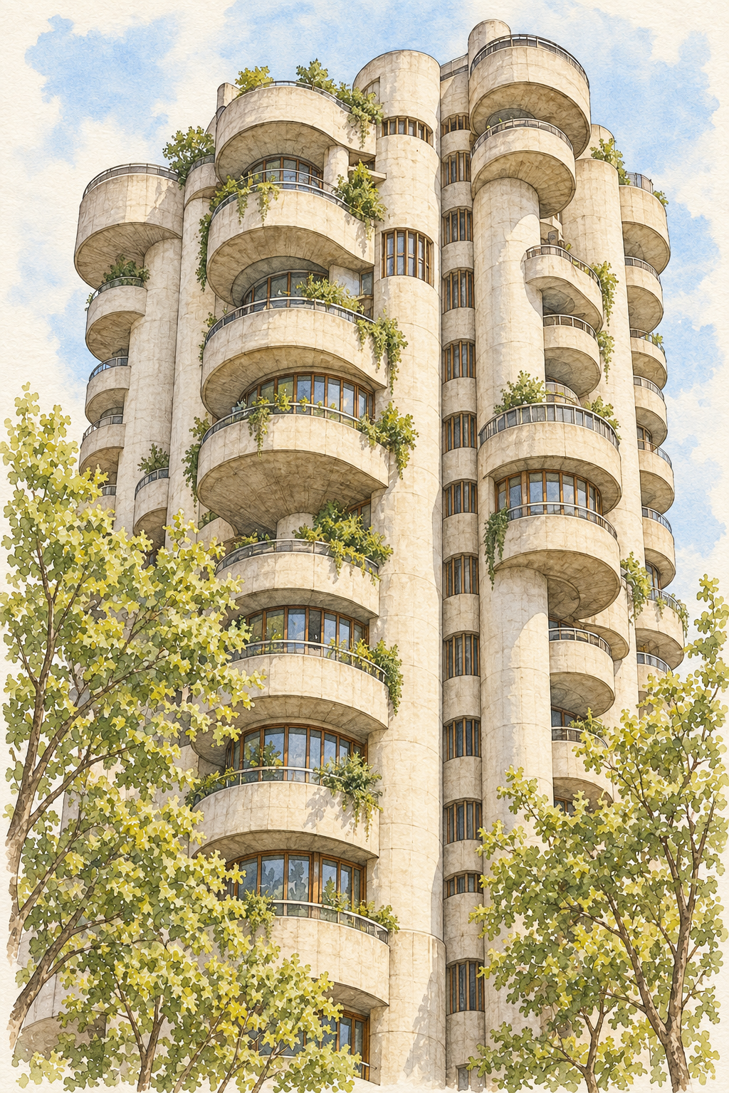 Torres Blancas in Soft Watercolour, Madrid vertical ink and watercolour artwork