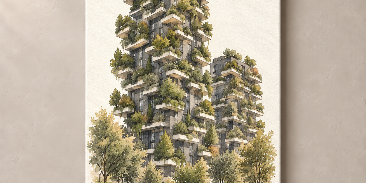 Bosco Verticale in Watercolour canvas standalone mockup