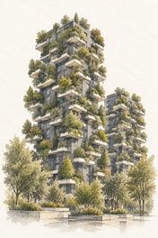 Bosco Verticale in Watercolour, Milan vertical ink and watercolour artwork