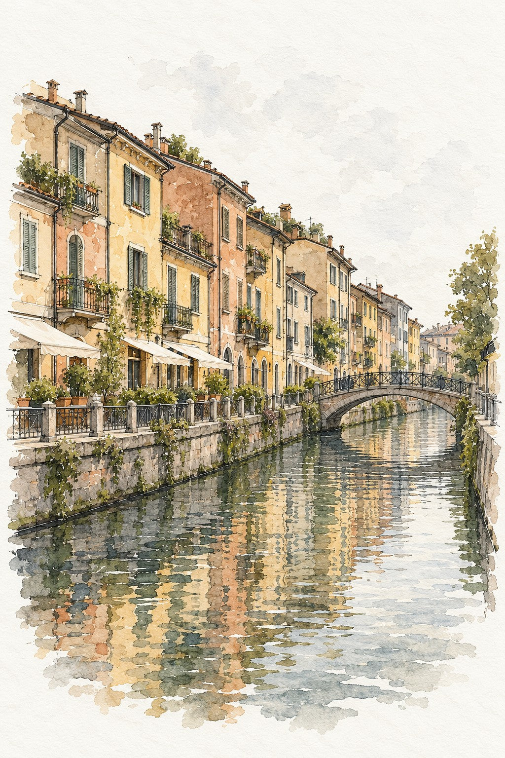 Navigli Canal in Watercolour, Milan vertical ink and watercolour artwork