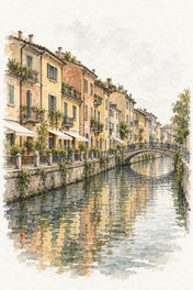 Navigli Canal in Watercolour, Milan vertical ink and watercolour artwork