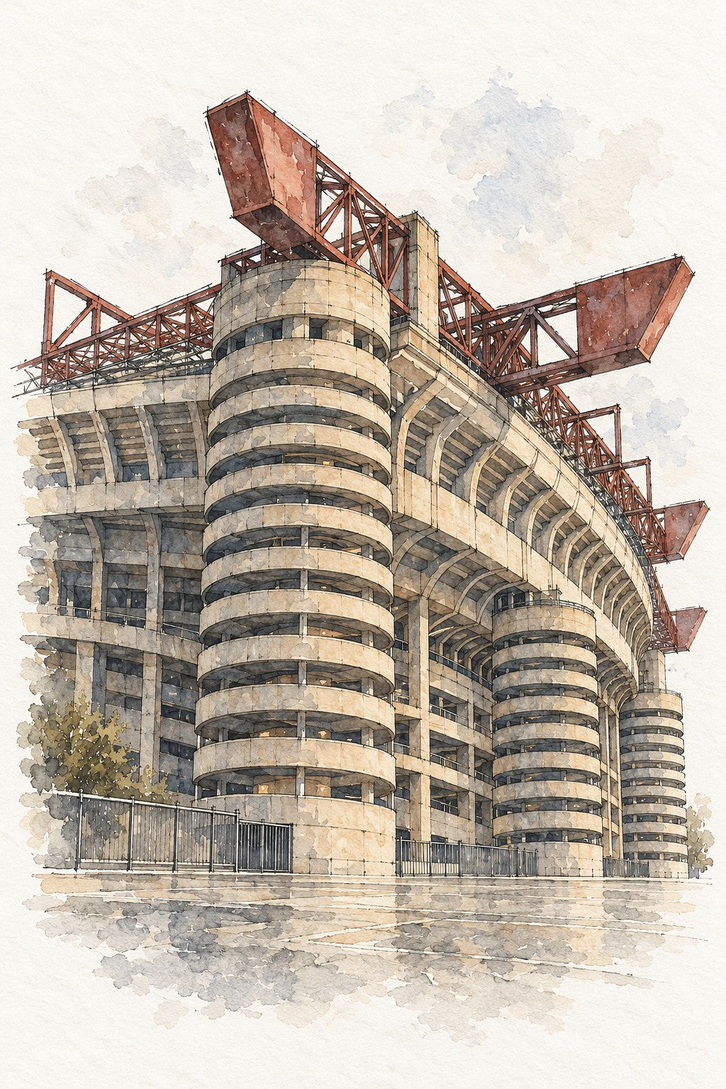 San Siro Stadium in Watercolour, Milan vertical ink and watercolour artwork