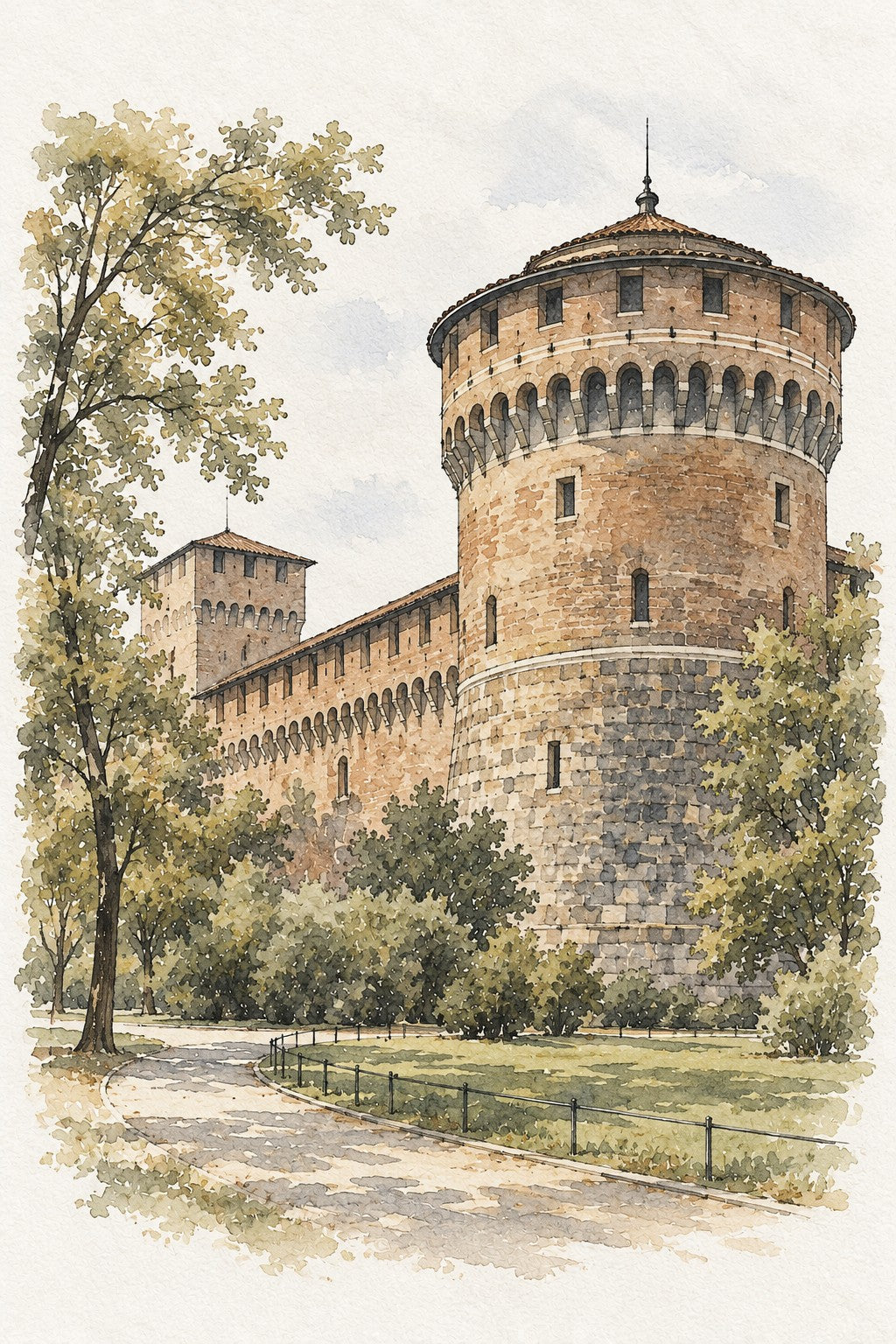 Sforza Castle in Watercolour, Milan vertical ink and watercolour artwork