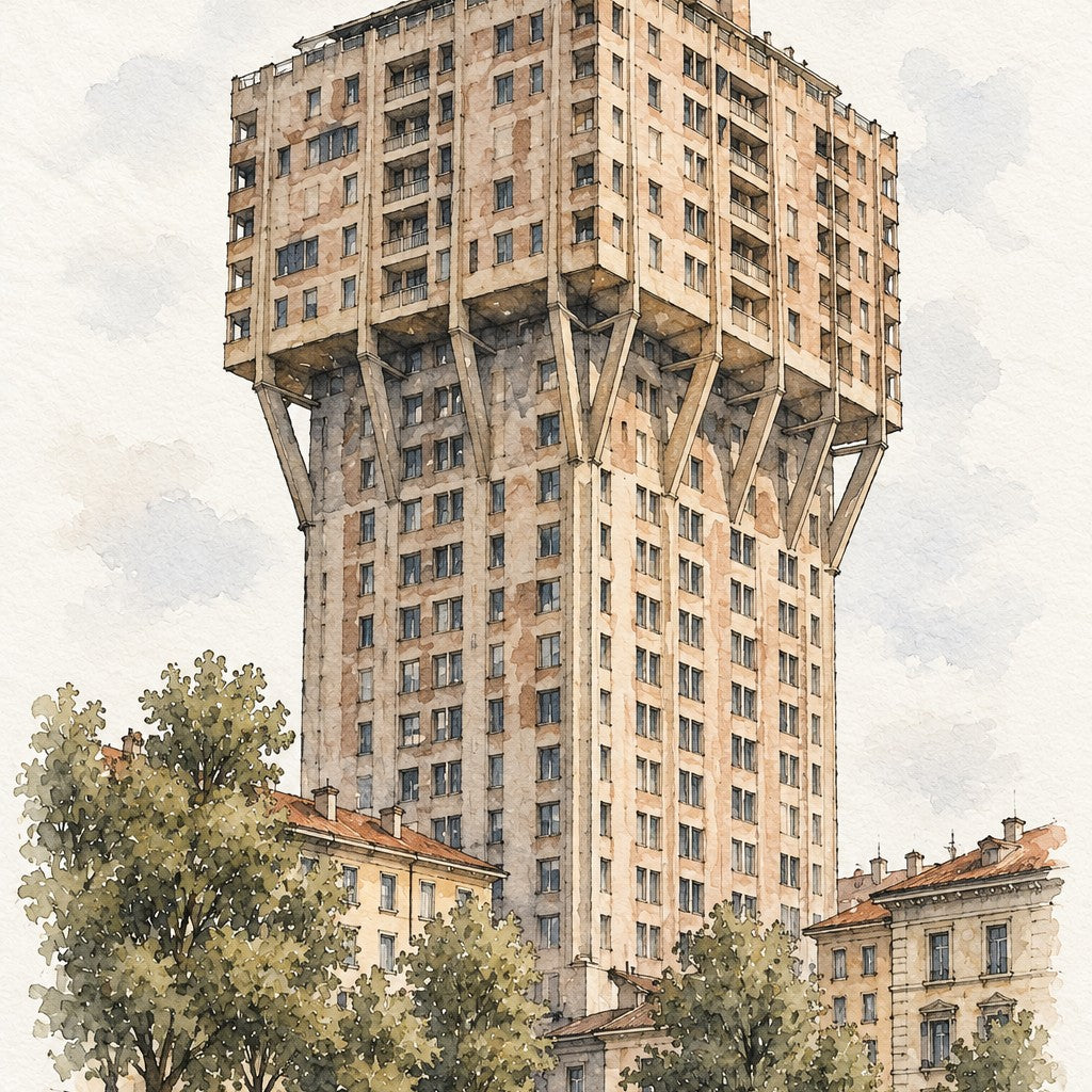 Torre Velasca in Watercolour, Milan vertical ink and watercolour artwork