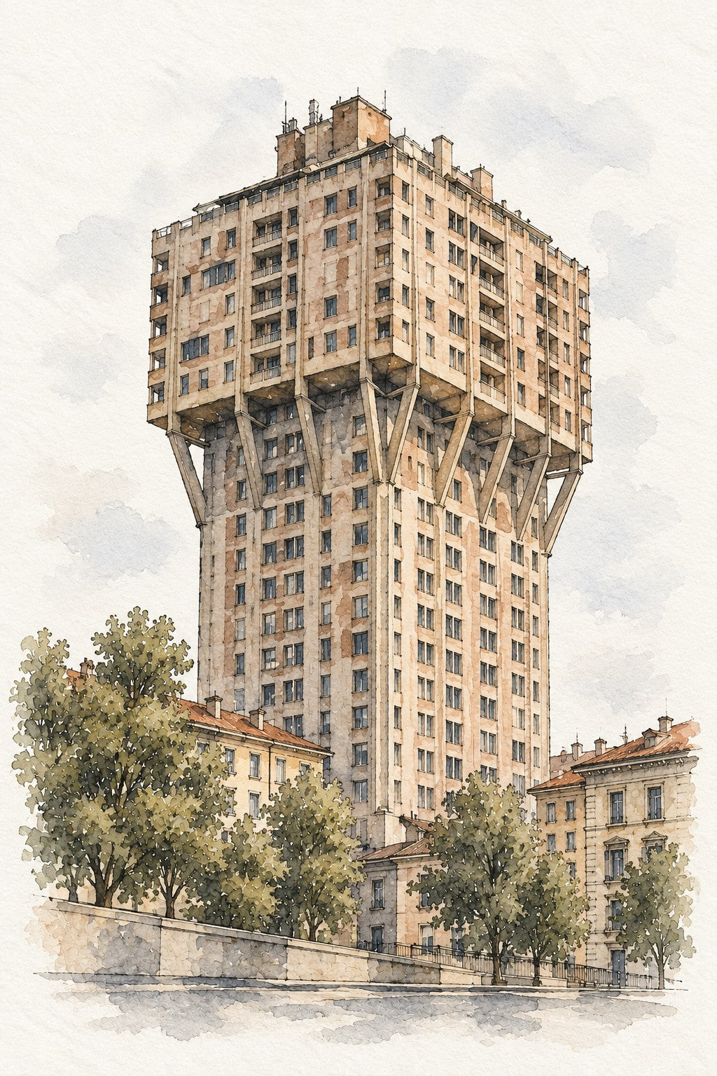 Torre Velasca in Watercolour, Milan vertical ink and watercolour artwork