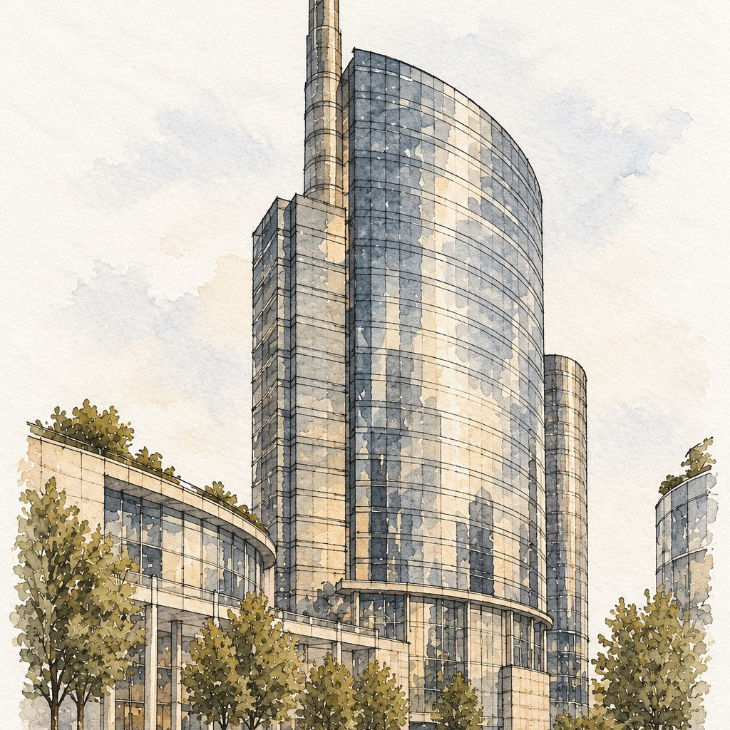 UniCredit Tower in Watercolour, Milan vertical ink and watercolour artwork
