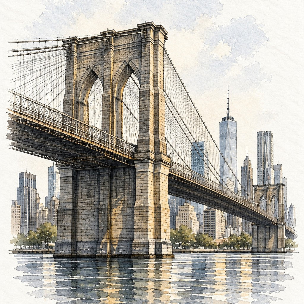 Brooklyn Bridge over the East River, New York vertical ink and watercolour artwork